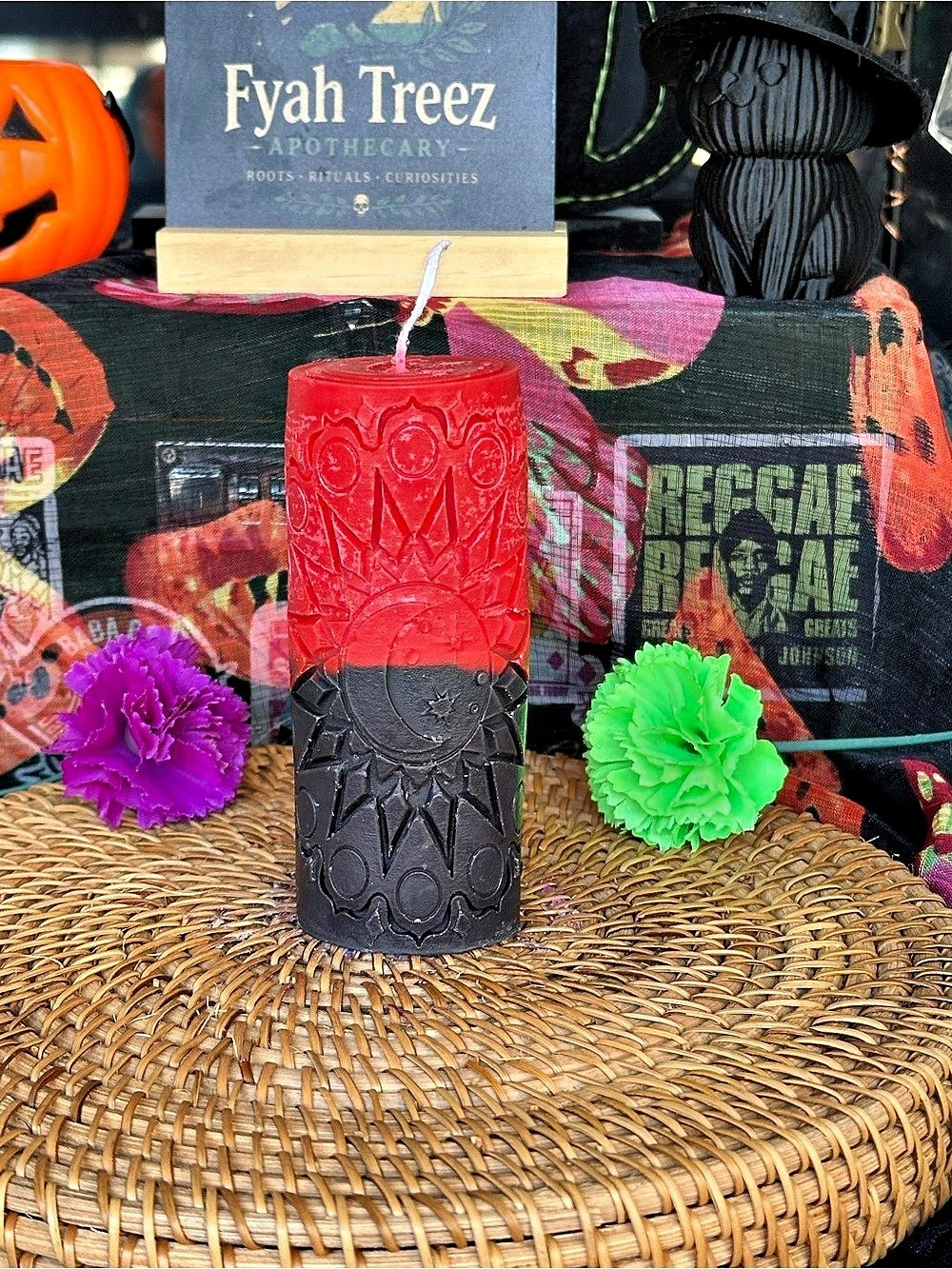 Red & Black Celestial Moon Phase Pillar Candle